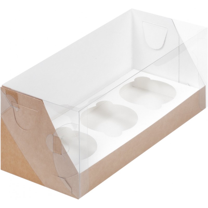 Короб картонный под  3 капкейка с пластиковой крышкой крафт